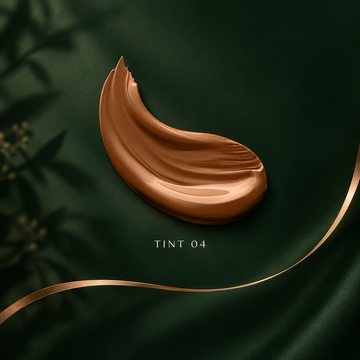 Tint 04 caramel cream swatch on a forest green background with rose gold detailing.